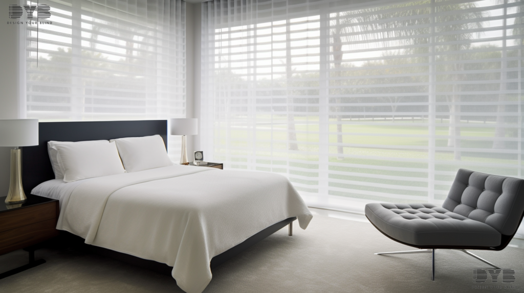 A minimalist guest bedroom in Boynton Beach with Sheer Curtains overlooking a golf course.