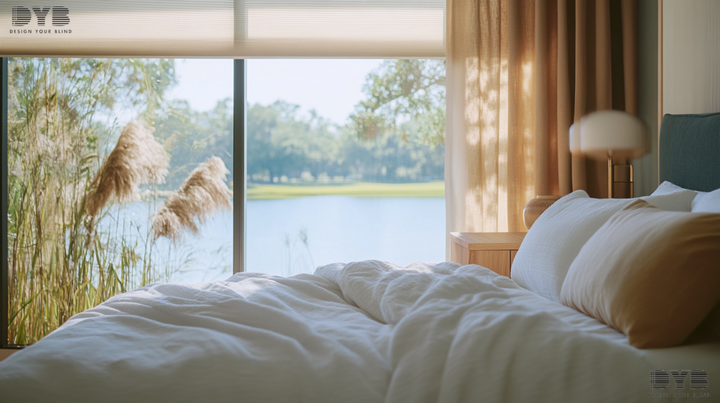A guest bedroom in Boynton Beach, Florida, with a king-sized bed and a sleek nightstand, featuring a partially closed Silhouette Shade framing a view of a serene lake.