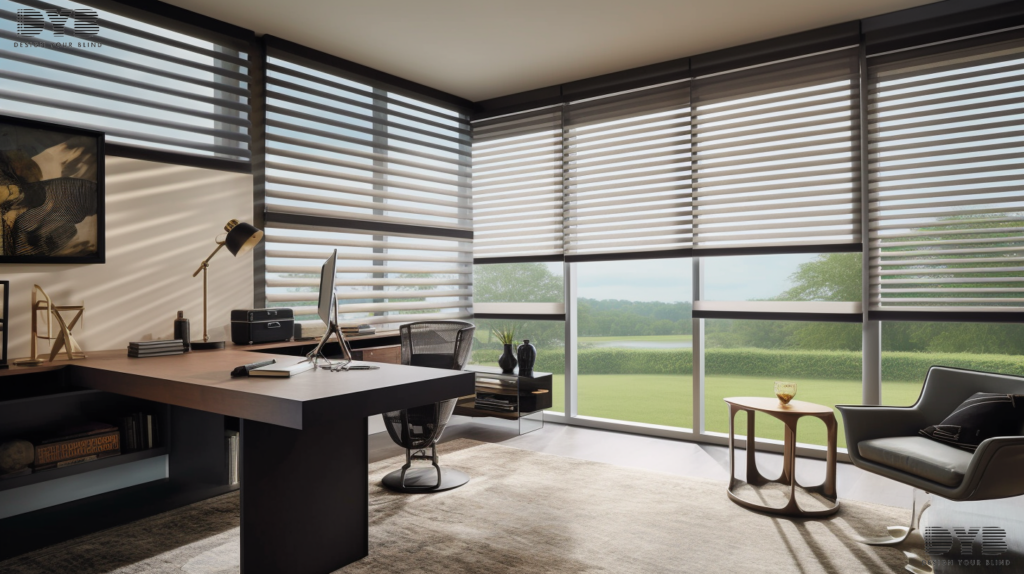 A modern home office in Boynton Beach with Woven Wood Shades overlooking a lake.