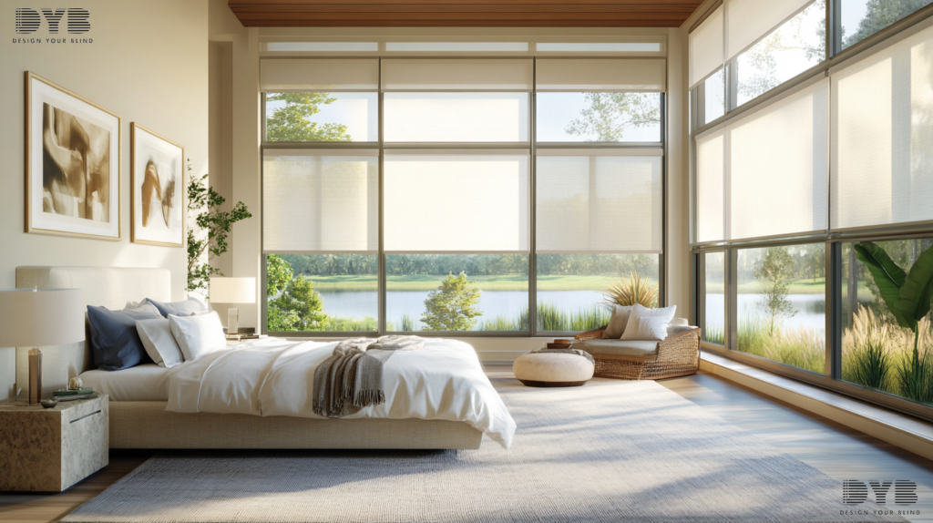 Master bedroom with Roller Shades in Palm Beach Gardens, FL, featuring a tranquil lake view.