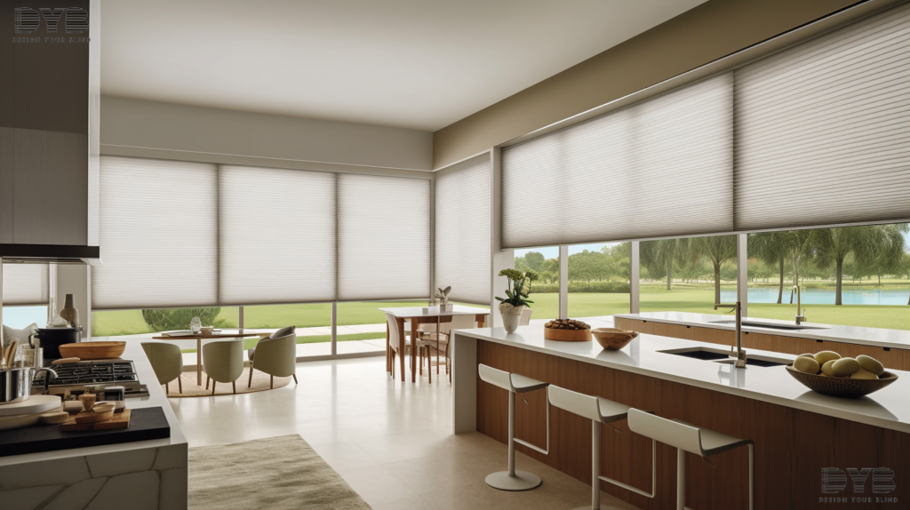 A kitchen in Palm Beach Gardens, Florida, features Honeycomb Shades, Williams Sonoma countertops, and a view of a golf course.