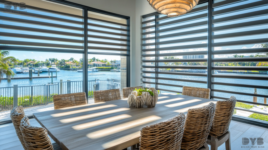 Zebra Shades in a Parkland, FL dining room with a view of the Intercoastal Waterway