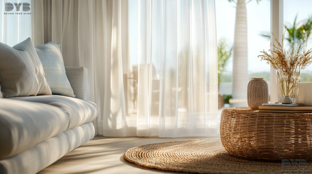 A close-up shot of sheer curtains in a family room in Boynton Beach, FL.