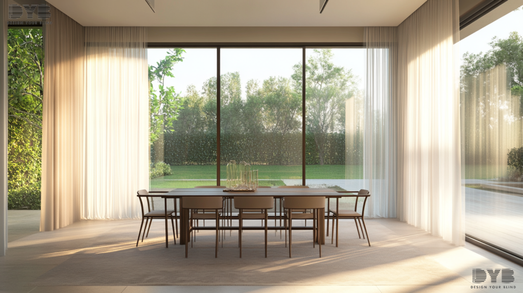 A dining room in Boynton Beach, FL, with sheer curtains in a minimalist design.
