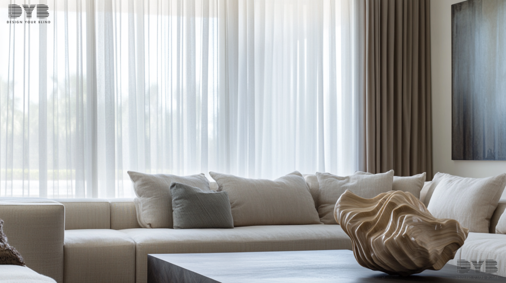 A formal living room in Boynton Beach, FL, with sheer curtains in an urban modern design.