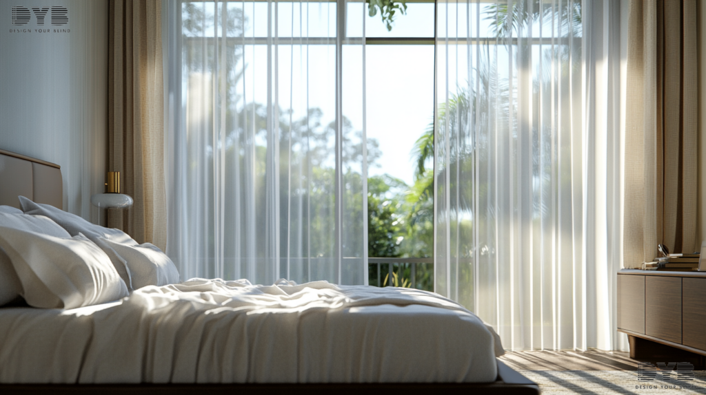 A guest bedroom in Boynton Beach, FL, featuring sheer curtains in an urban modern design.