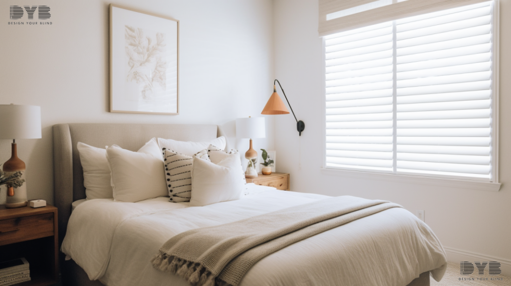 A cozy guest bedroom in Boynton Beach, Florida, featuring a large window with a fully closed Silhouette Shade, a comfortable bed with a plush duvet, a rustic nightstand, and a charming reading lamp, offering a view of the Intercoastal Waterway.