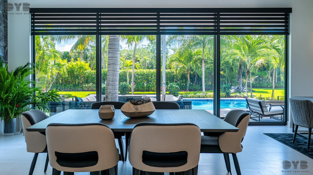 Zebra Shades in a Parkland, FL dining room with a view of a pool