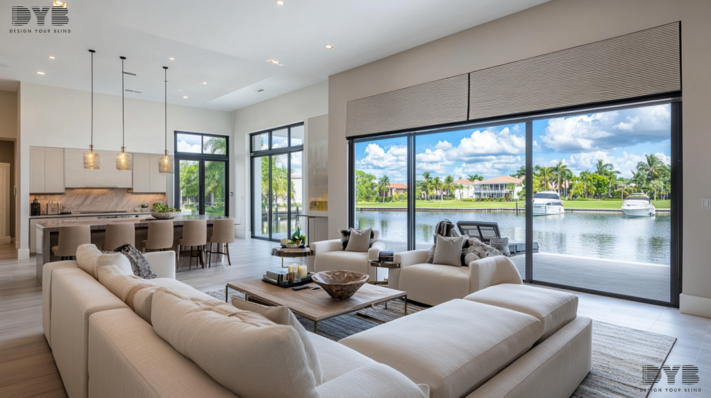 Zebra Shades in a Parkland, FL living room with a canal view