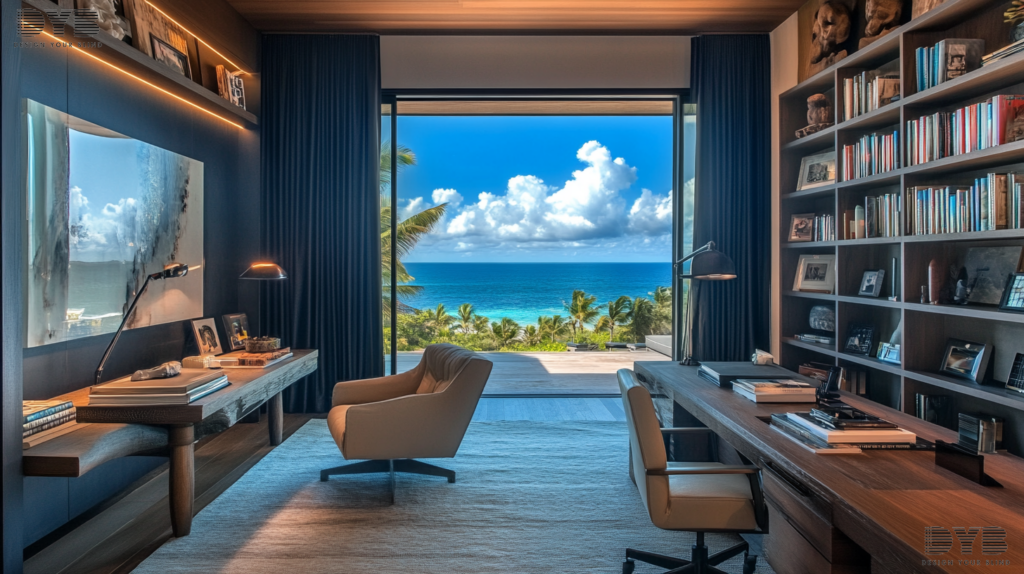 Blackout curtains in a farmhouse modern home office in West Palm Beach, Florida