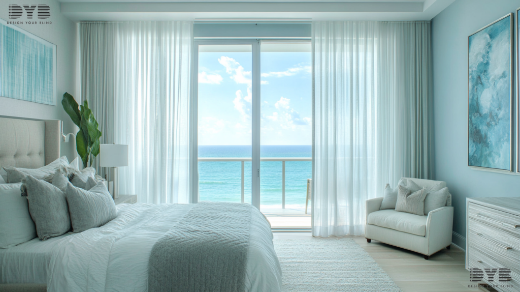 Transitional guest bedroom with sheer curtains and ocean views in Boca Raton, Florida.