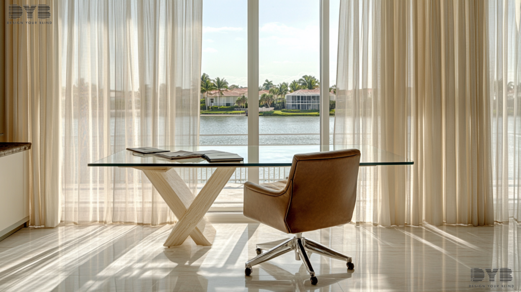 Minimalist home office with sheer curtains and Intercoastal Waterway views in Boca Raton, Florida.