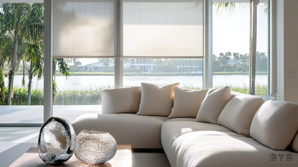 Living room with Blackout Roller Shades, lake view, and coastal decor.