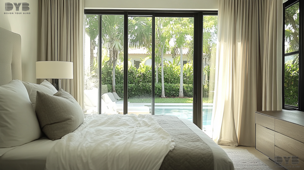 Blackout curtains in a contemporary guest bedroom in West Palm Beach, Florida