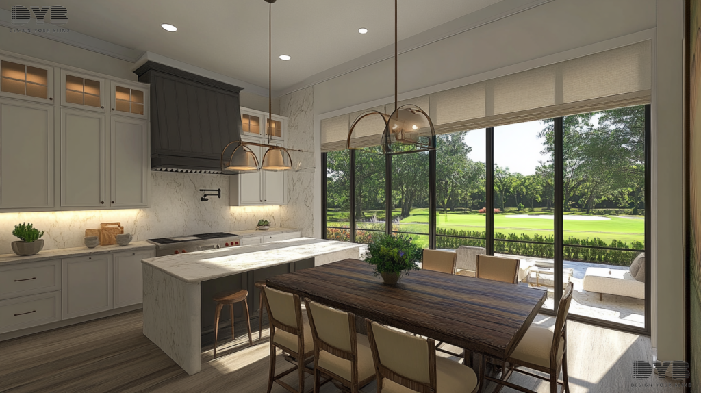Kitchen with Blackout Roller Shades, golf course view, and farmhouse design.