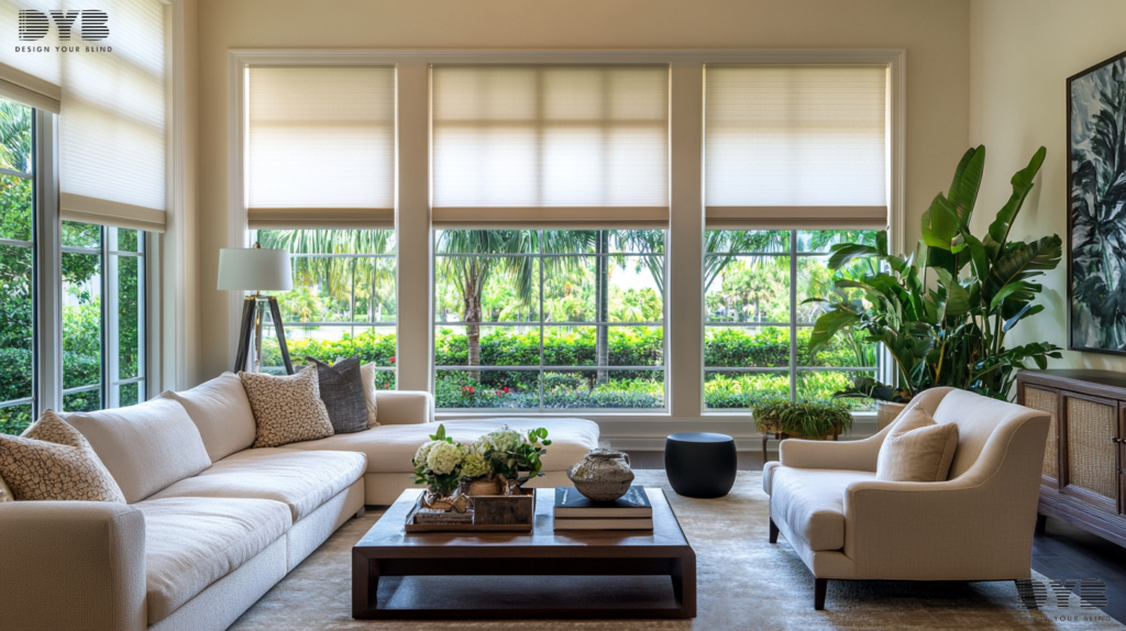 Formal living room with Blackout Roller Shades, garden view, and Baker Furniture.