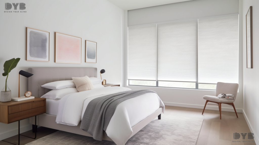 Minimalist guest bedroom with Blackout Roller Shades, golf course view, and contemporary furniture.