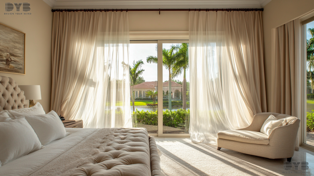 Coastal master bedroom with sheer curtains and a backyard view in Boca Raton, Florida.