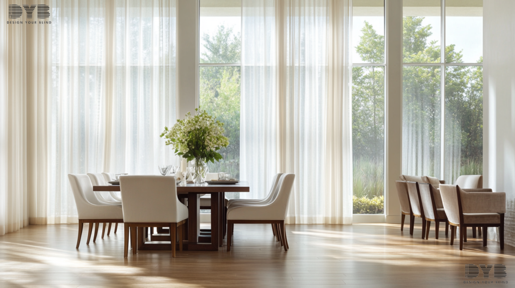 Transitional dining room with sheer curtains and a backyard view in Boca Raton, Florida.