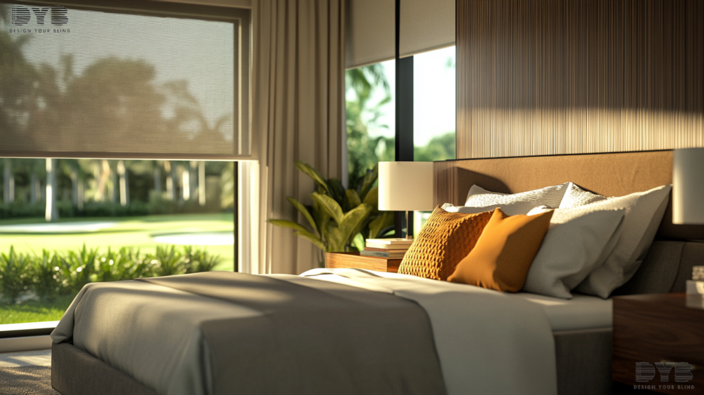 Master bedroom with Blackout Roller Shades, golf course view, and contemporary furniture.