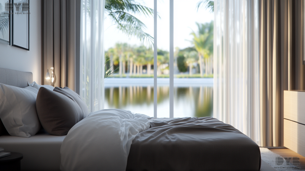 Blackout curtains in a minimalist guest bedroom in West Palm Beach, Florida