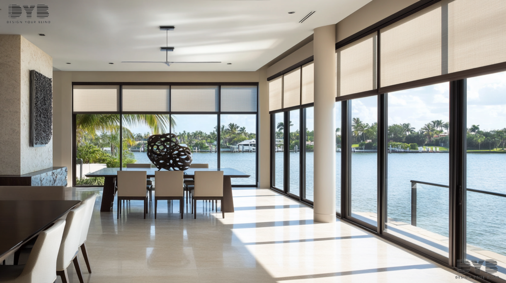 Zebra Shades in a Boca Raton dining room with a view of the Intercoastal Waterway