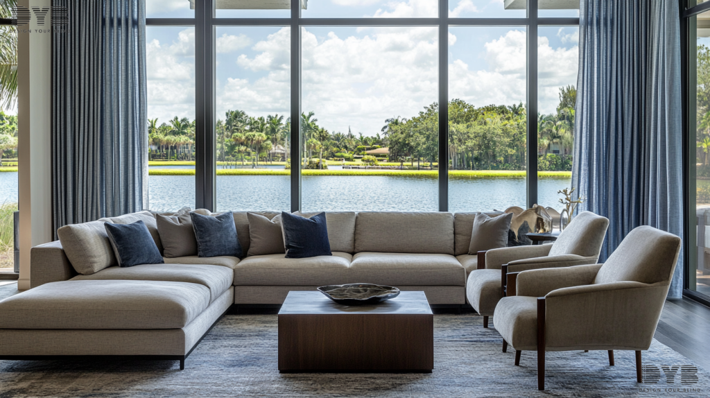 A Family Room in Boca Raton, Florida, with Blackout Curtains and a lake view.