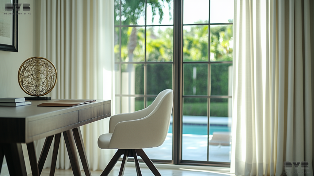 A Minimalist Home Office with Blackout Curtains overlooking a backyard with a pool in Boca Raton.