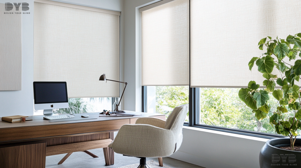 Modern home office in Boca Raton with Roller Shades, creating a stylish and efficient work environment