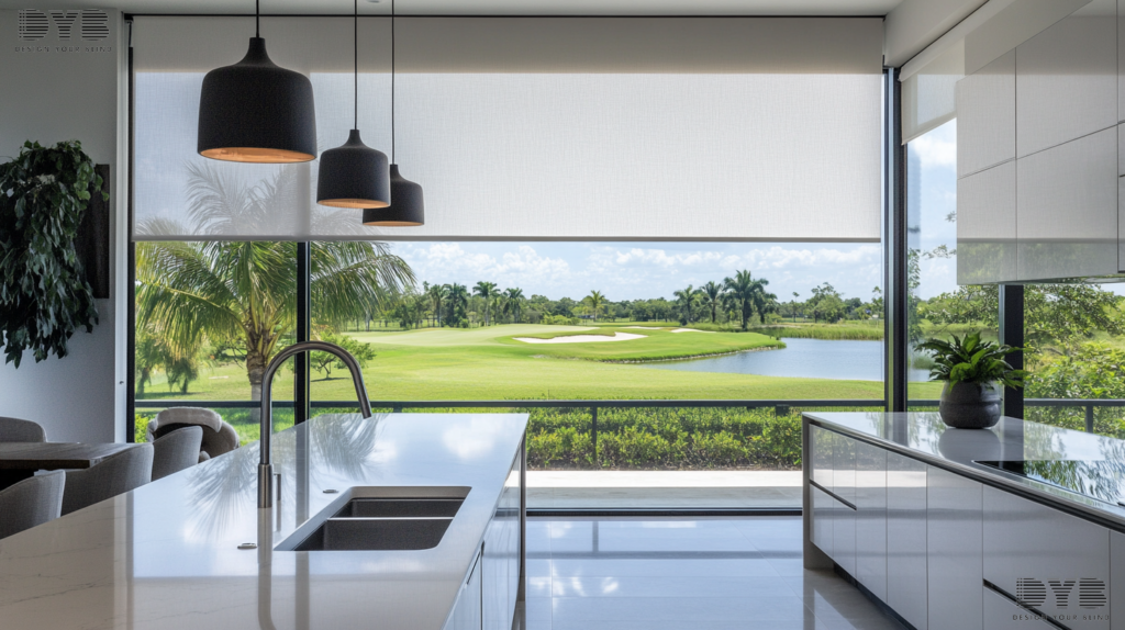 Boca Raton kitchen with minimalist Roller Shades, enhancing the space's clean and stylish design