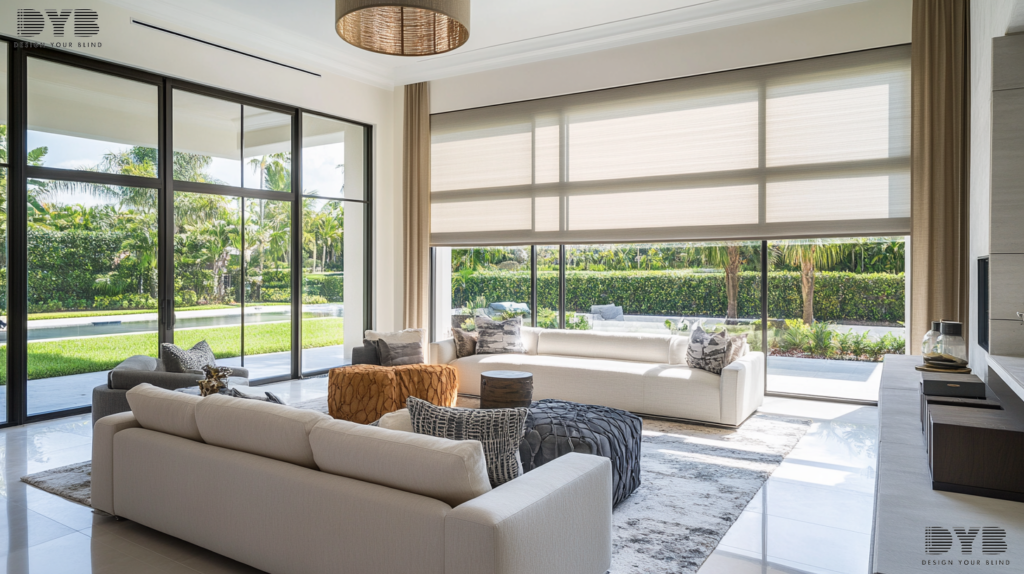 Urban Modern living room with Roller Shades in Boca Raton, FL