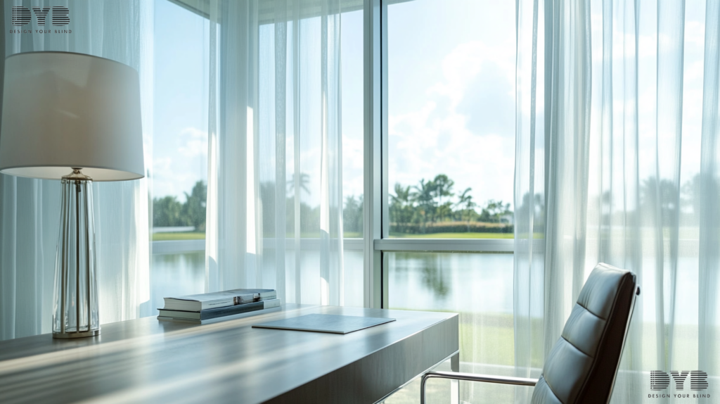 Sheer curtains in a Parkland, FL home office providing privacy and light control.