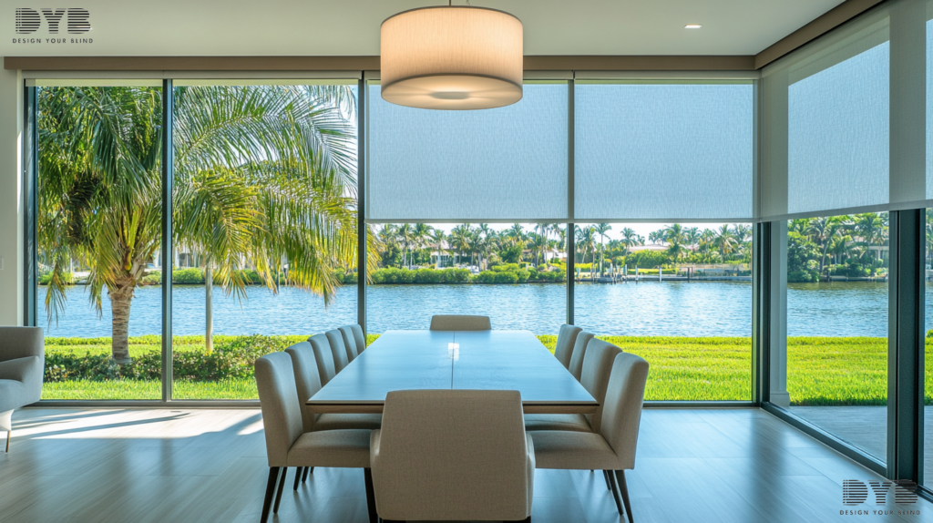 Urban Modern dining room in Boca Raton with Roller Shades, creating a sophisticated and inviting atmosphere