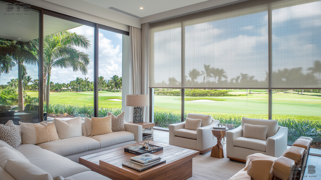 Boca Raton family room with modern furniture and a view of a golf course through Roller Shades