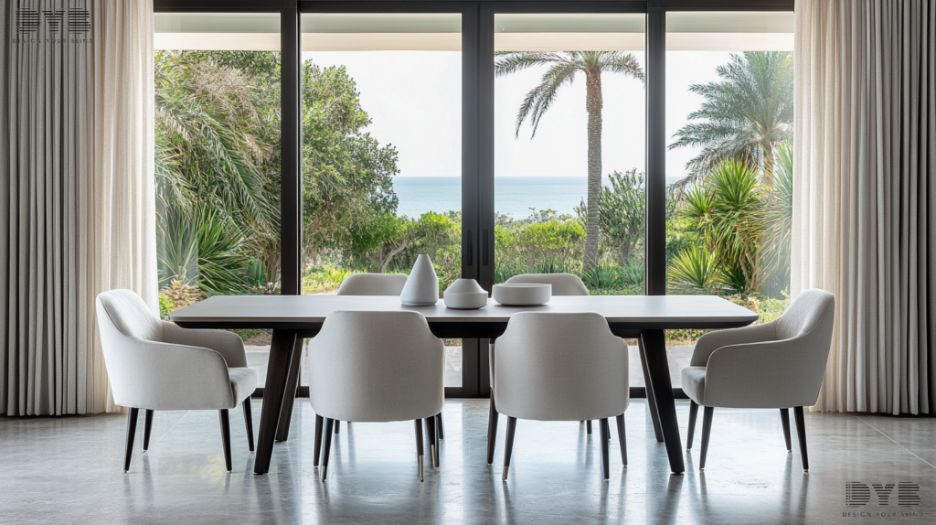 A dining room with a stunning ocean view, showcasing Blackout Curtains for privacy in Boca Raton.