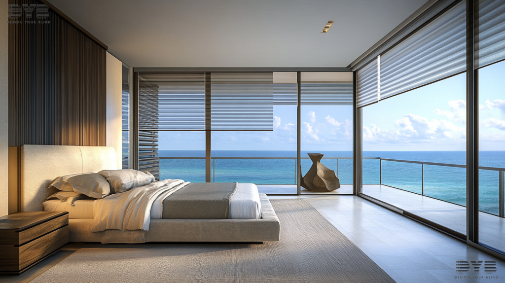Zebra Shades in a Boca Raton bedroom with an ocean view