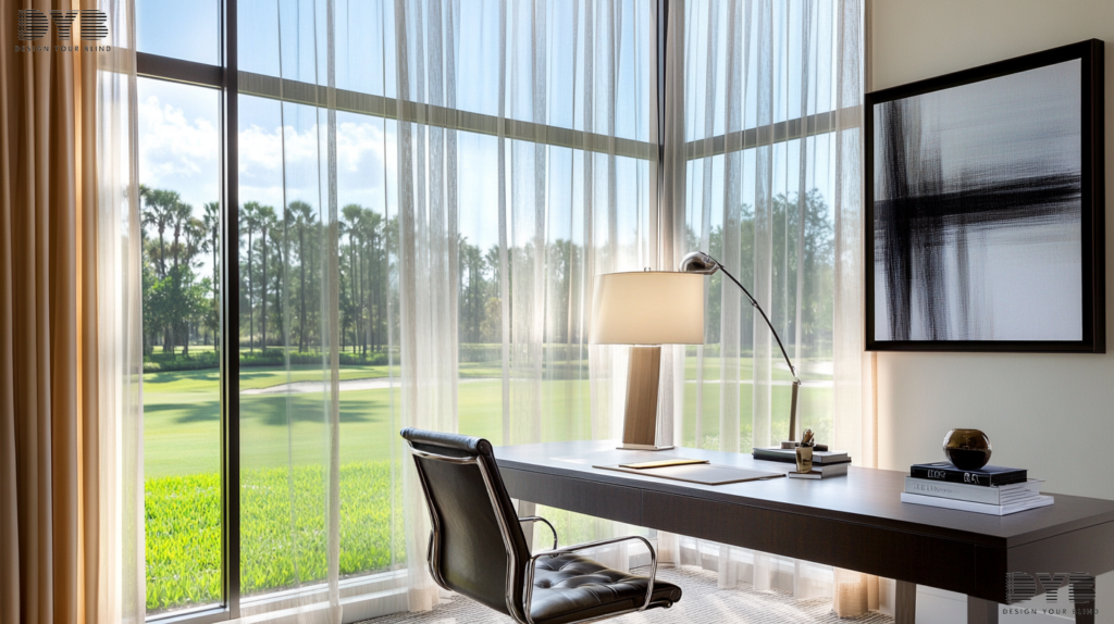 Sheer curtains in a Parkland, FL home office, offering privacy and light control.