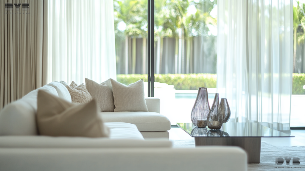 Sheer curtains in a Parkland, FL formal living room, offering a balance of light and privacy.