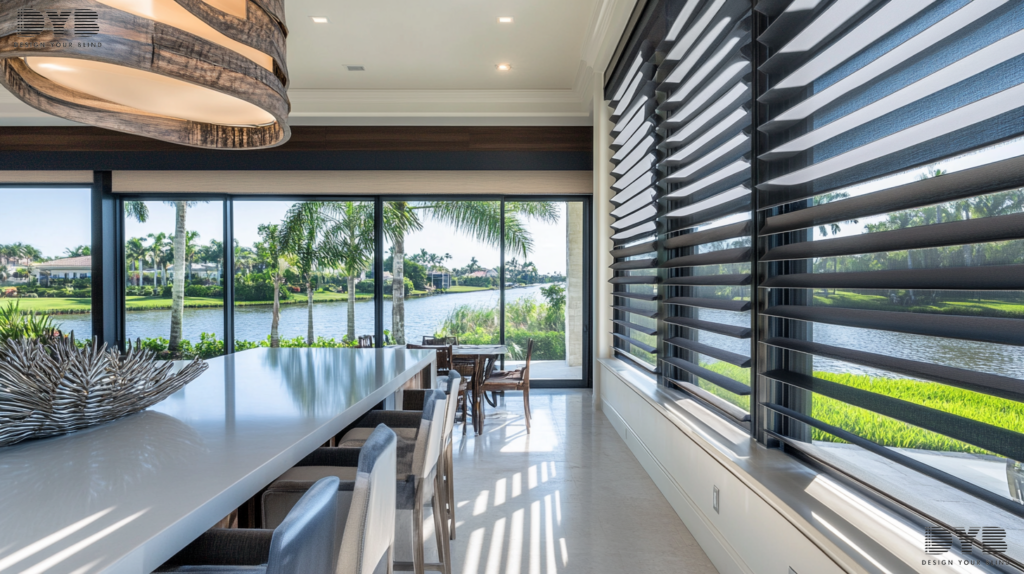 Zebra Shades in a Boca Raton kitchen with a view of a canal