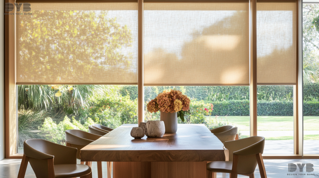 A casual dining room in West Palm Beach, FL, featuring a dining table and chairs from Mitchell Gold + Bob Williams and Roller Shades overlooking a lush garden.