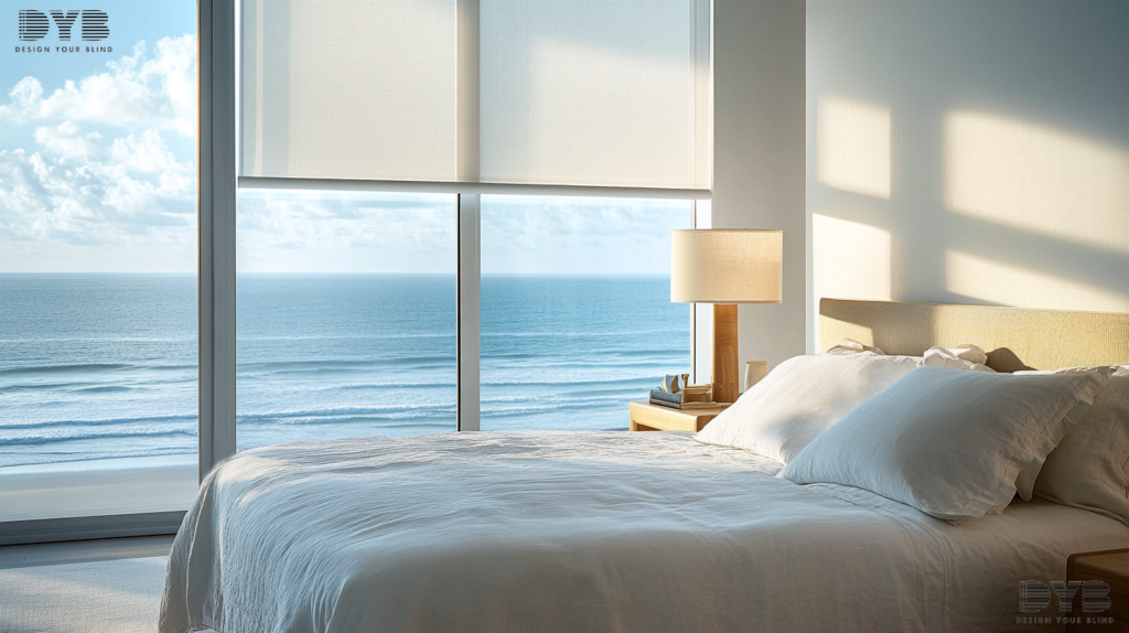A minimalist guest bedroom in West Palm Beach, FL, with Roller Shades, featuring a comfortable bed from Mitchell Gold + Bob Williams and an ocean view.