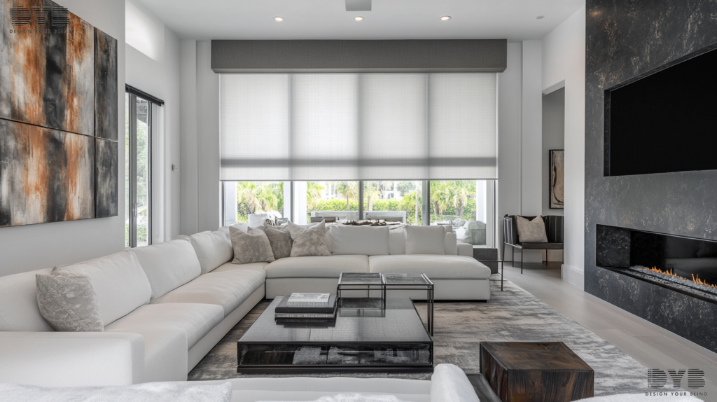 A modern family room in West Palm Beach, FL, showcasing a large window with Blackout Roller Shades.