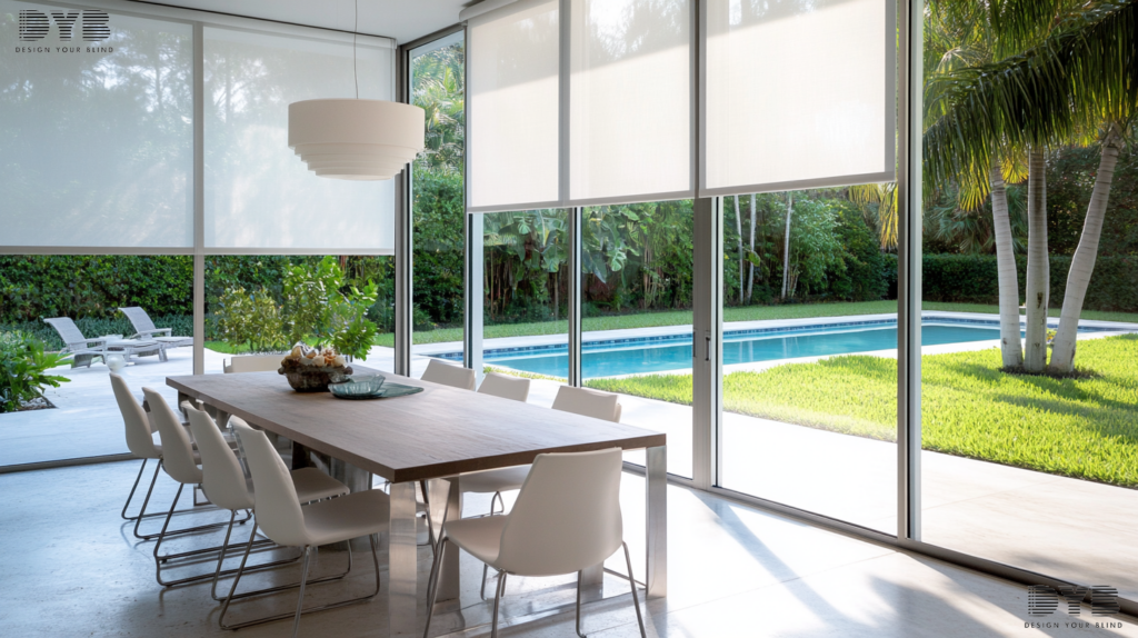 A minimalist dining room in West Palm Beach, FL, featuring a dining table and chairs from Bernhardt and Roller Shades with a view of a pool and backyard.