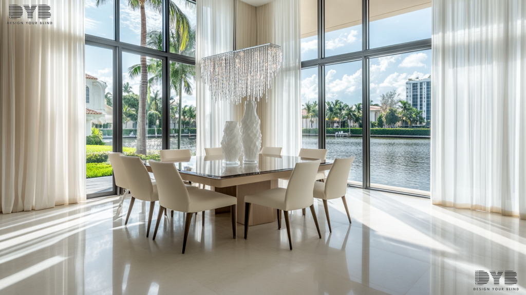 Sheer Curtains in a Contemporary Dining Room in Boca Raton, FL.