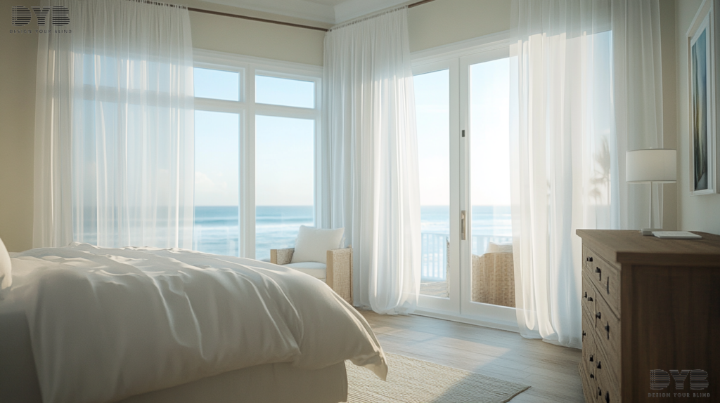 Sheer Curtains in a coastal Master Bedroom in Boca Raton, FL.
