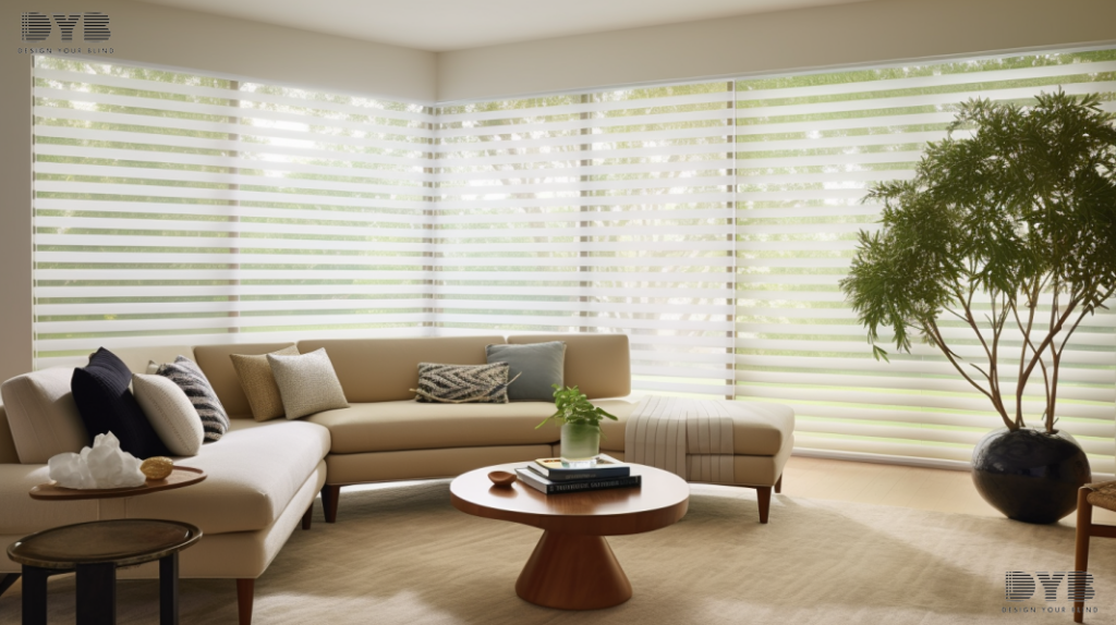 Zebra Shades in a minimalist family room in Boynton Beach, FL, creating a serene atmosphere.