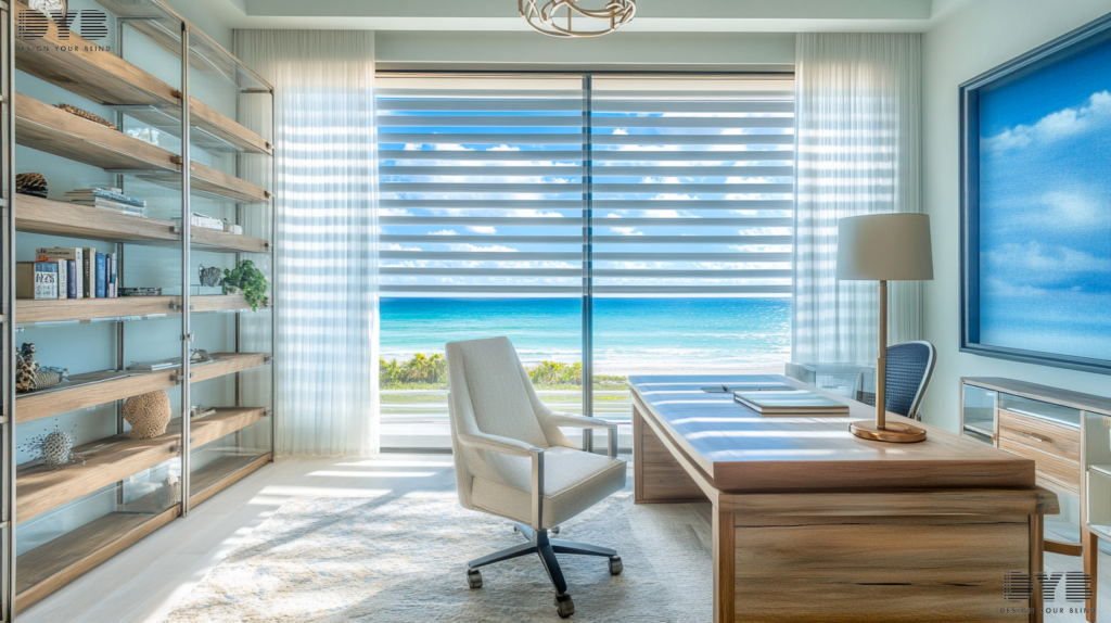 Zebra Shades in a transitional home office in Boynton Beach, FL, featuring ocean views.