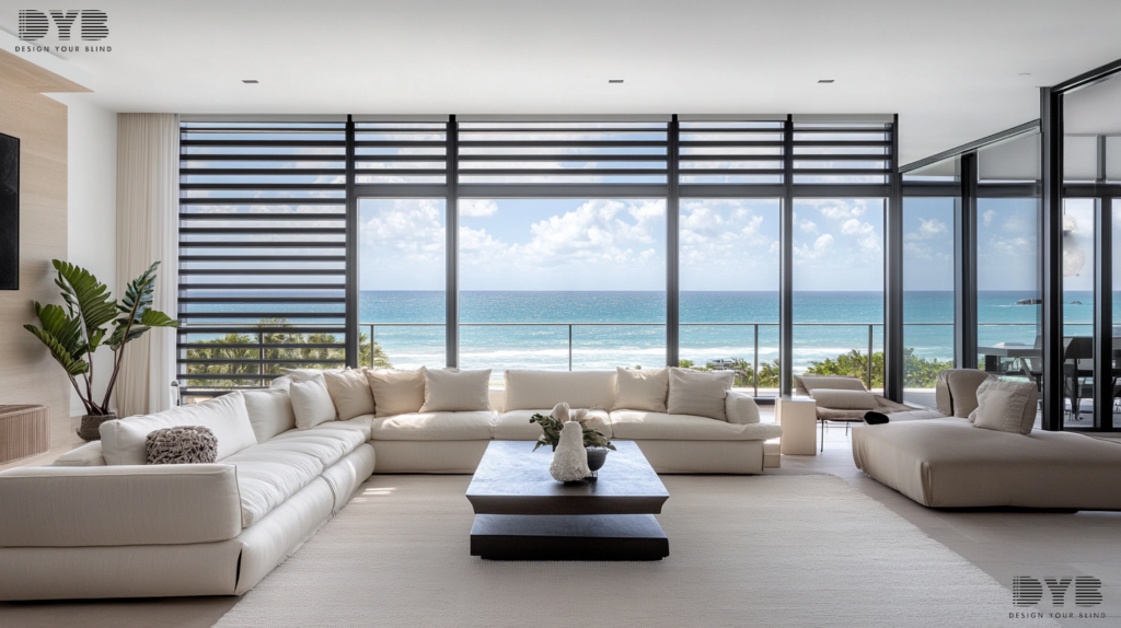 Zebra Shades in a contemporary formal living room in Boynton Beach, FL, overlooking the ocean.