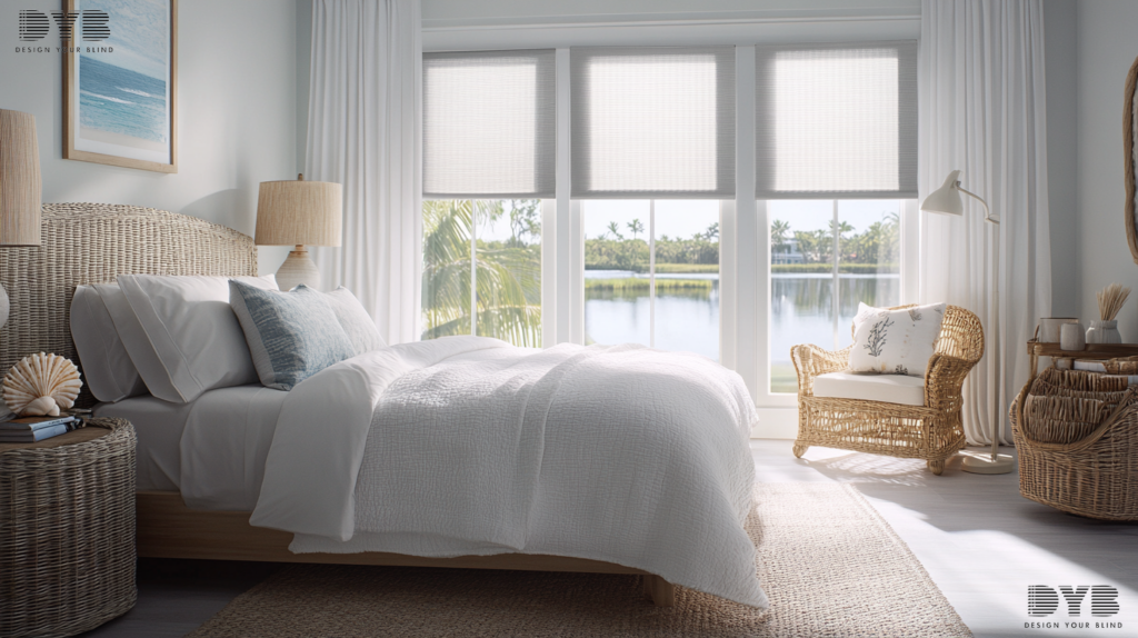 A Coastal master bedroom in West Palm Beach, FL with Blackout Roller Shades.