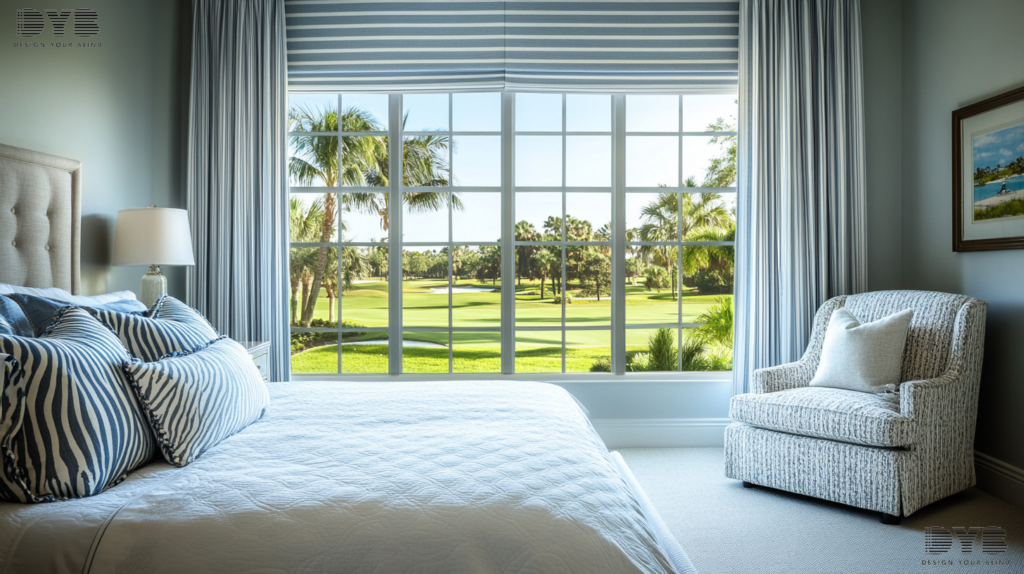 Zebra Shades in a coastal-style master bedroom overlooking a golf course in Boynton Beach, FL
